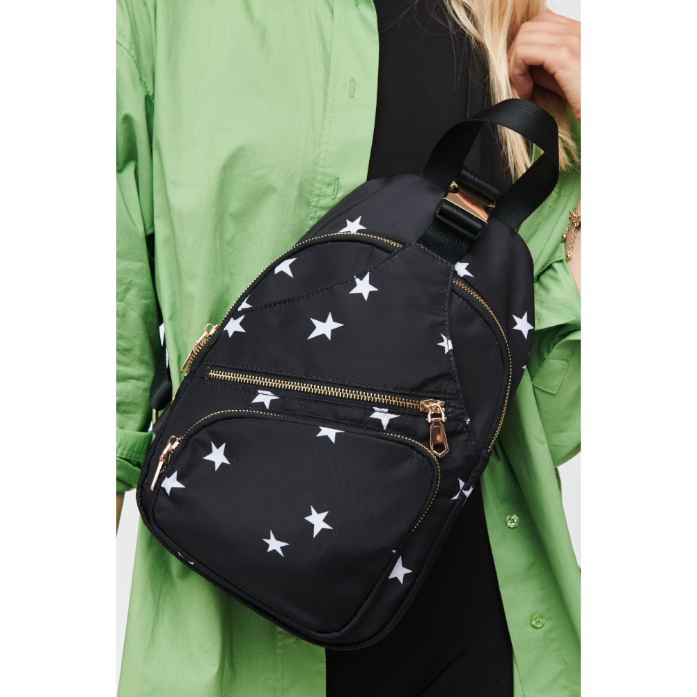 Woman wearing Black Star Sol and Selene On The Go - Nylon Sling Backpack 841764107266 View 2 | Black Star
