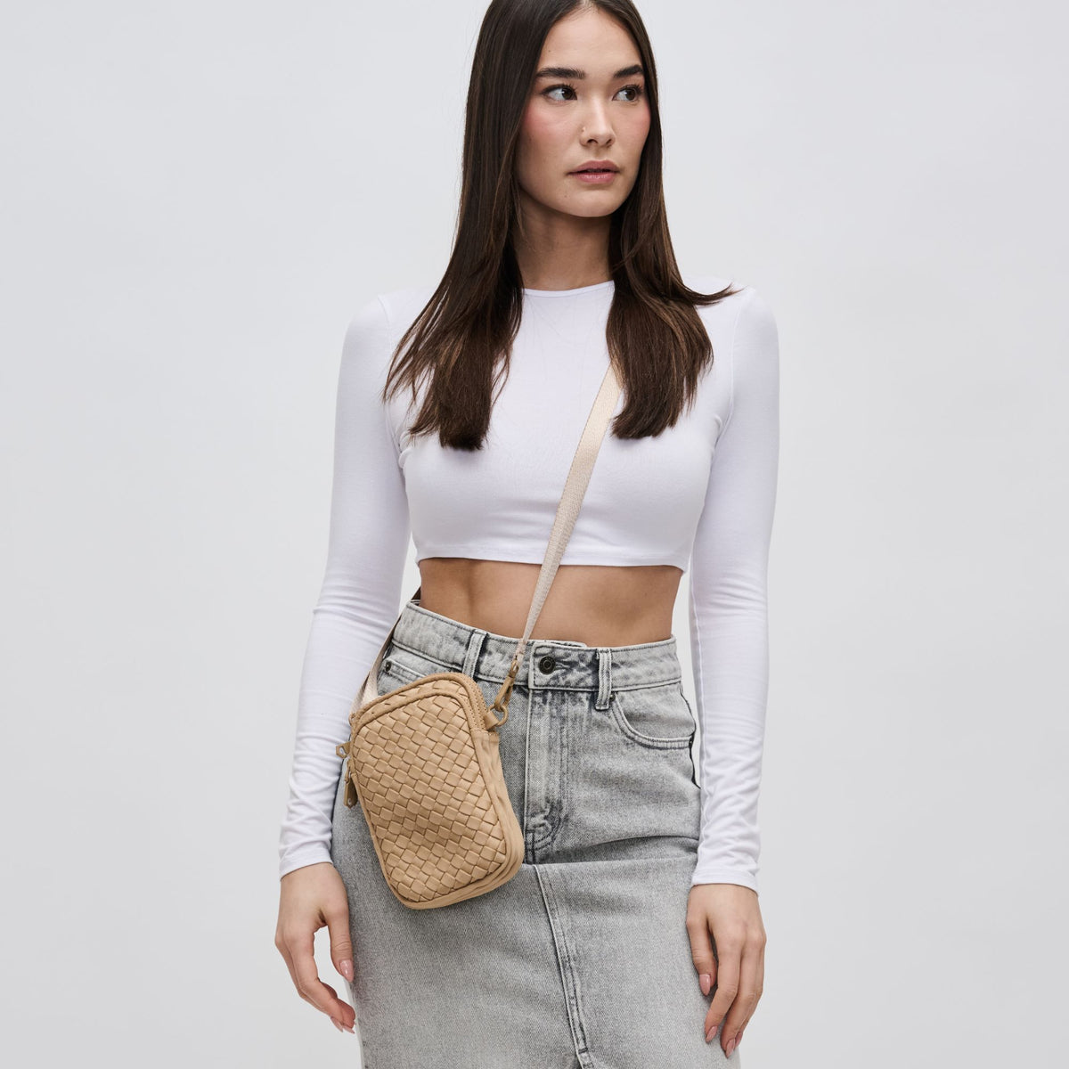 Woman wearing Nude Sol and Selene Divide & Conquer - Woven Neoprene Crossbody 841764108713 View 2 | Nude