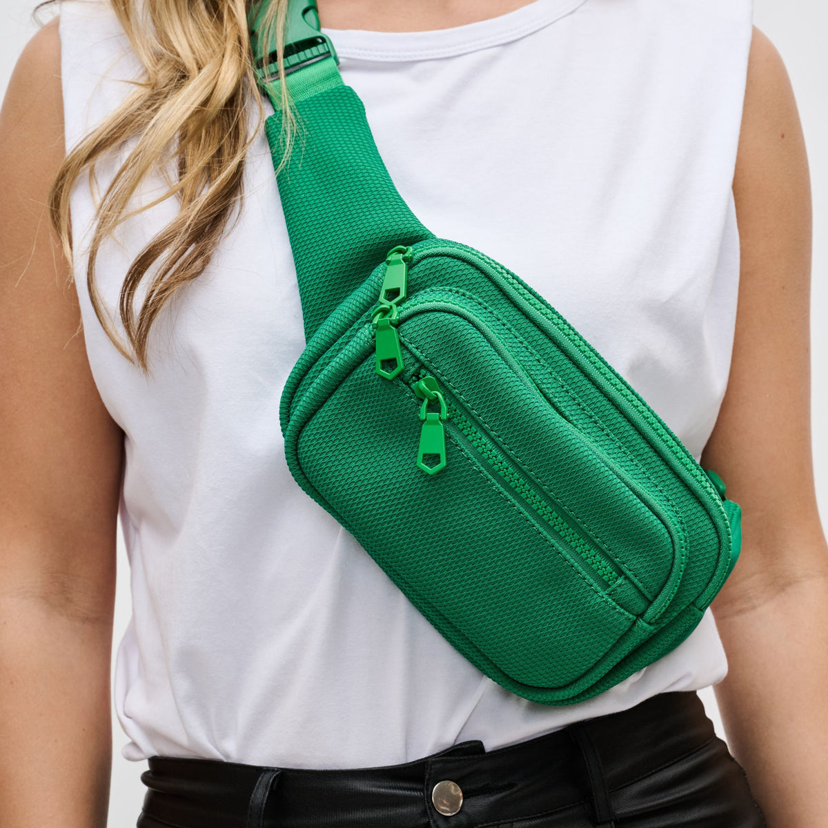 Woman wearing Green Sol and Selene Hip Hugger - Neoprene Mesh Belt Bag 841764109840 View 4 | Green