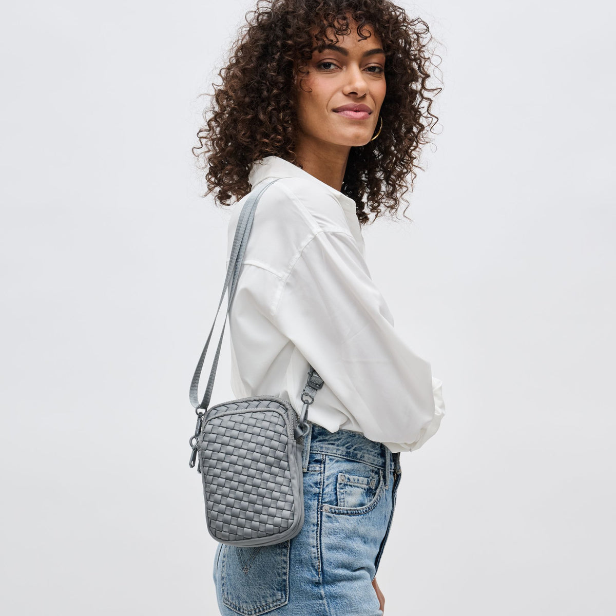 Woman wearing Grey Sol and Selene Divide & Conquer - Woven Neoprene Crossbody 841764108737 View 1 | Grey