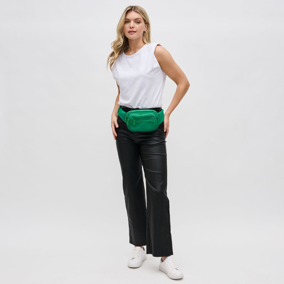 Woman wearing Green Sol and Selene Hip Hugger - Neoprene Mesh Belt Bag 841764109840 View 3 | Green