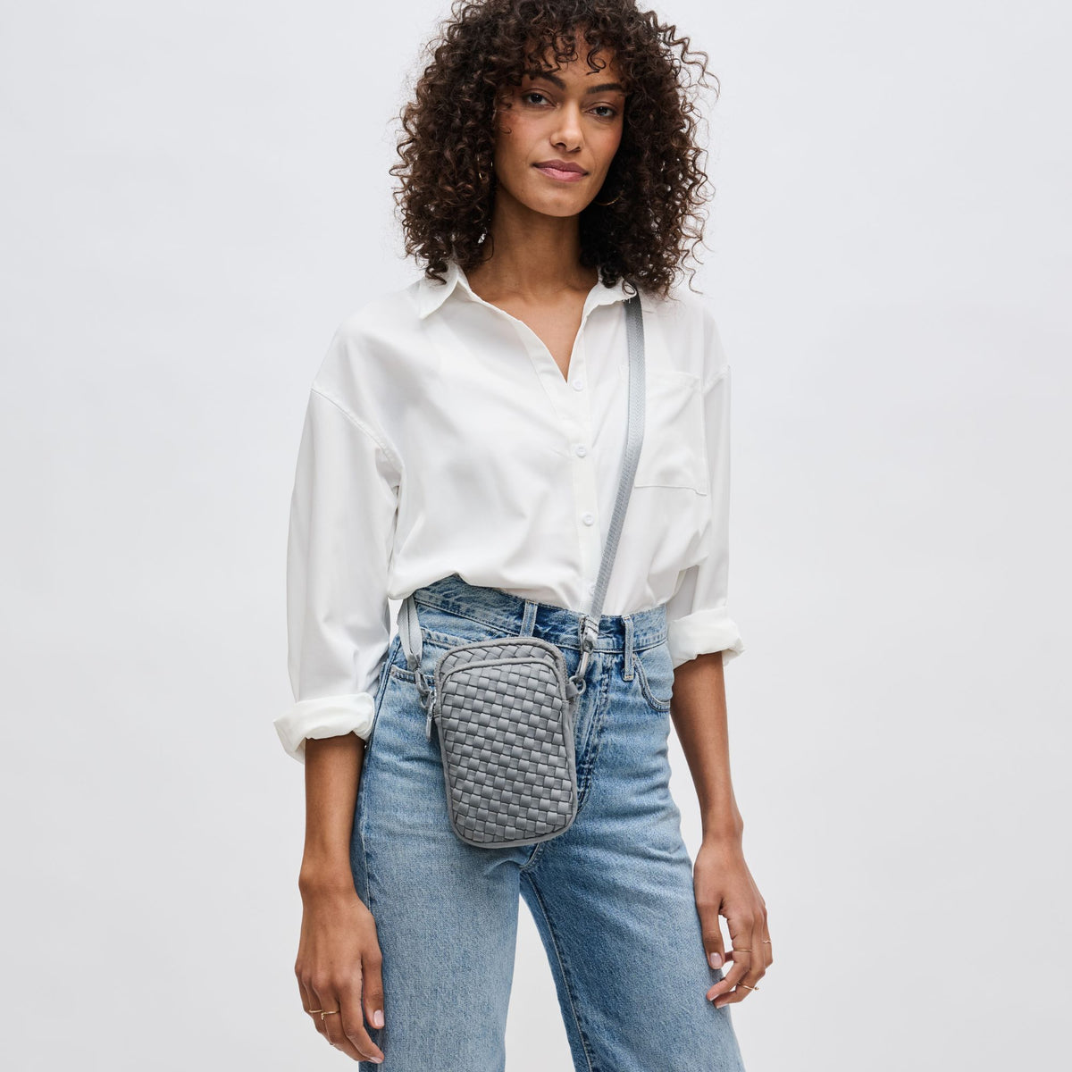 Woman wearing Grey Sol and Selene Divide & Conquer - Woven Neoprene Crossbody 841764108737 View 2 | Grey