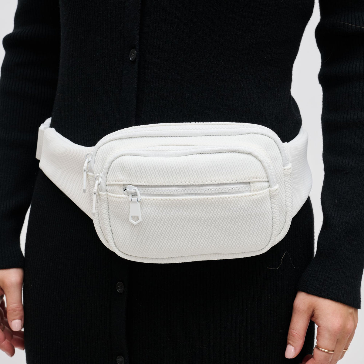 Woman wearing White Sol and Selene Hip Hugger - Neoprene Mesh Belt Bag 841764109826 View 1 | White