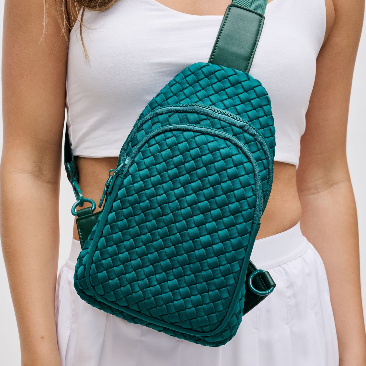 Woman wearing Forest Sol and Selene Beyond The Horizon - Woven Neoprene Sling Backpack 841764108089 View 4 | Forest