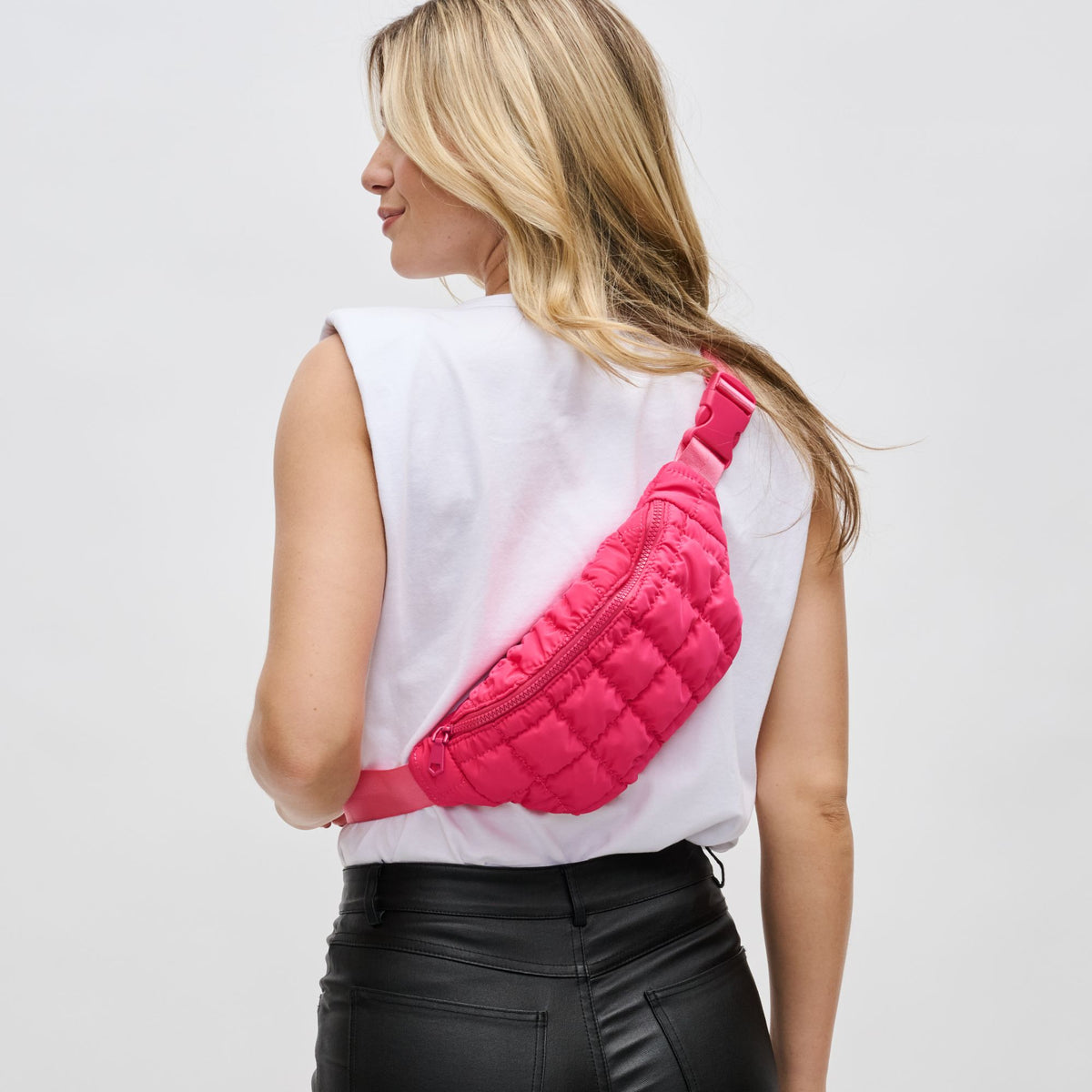 Woman wearing Hot Pink Sol and Selene Resurgence Belt Bag 841764109727 View 2 | Hot Pink