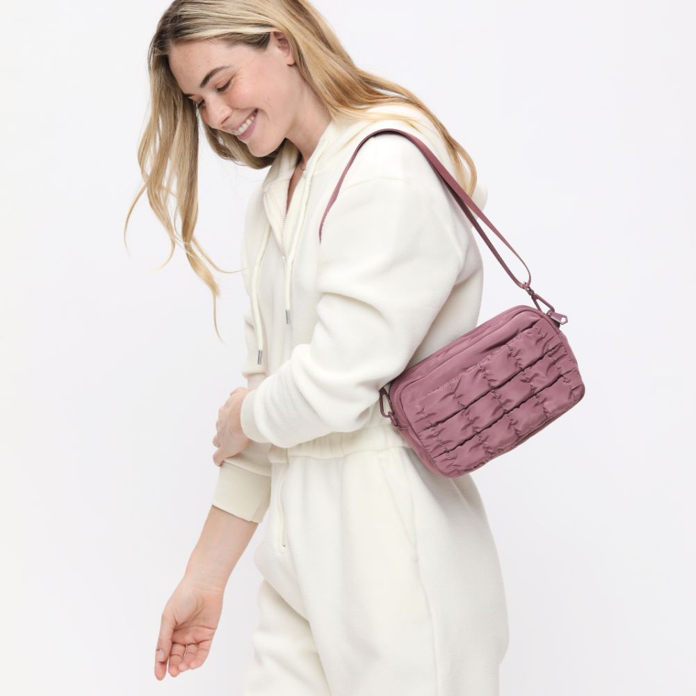 Woman wearing Mauve Sol and Selene Inspiration - Quilted Nylon Crossbody 841764108423 View 3 | Mauve