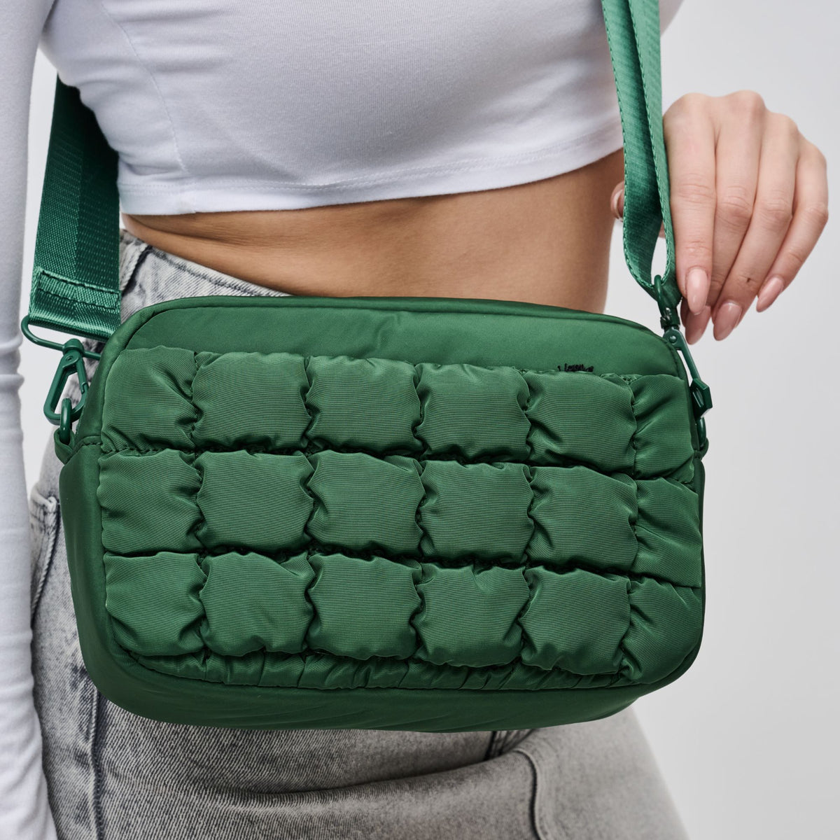Woman wearing Emerald Sol and Selene Inspiration - Quilted Nylon Crossbody 841764108393 View 4 | Emerald