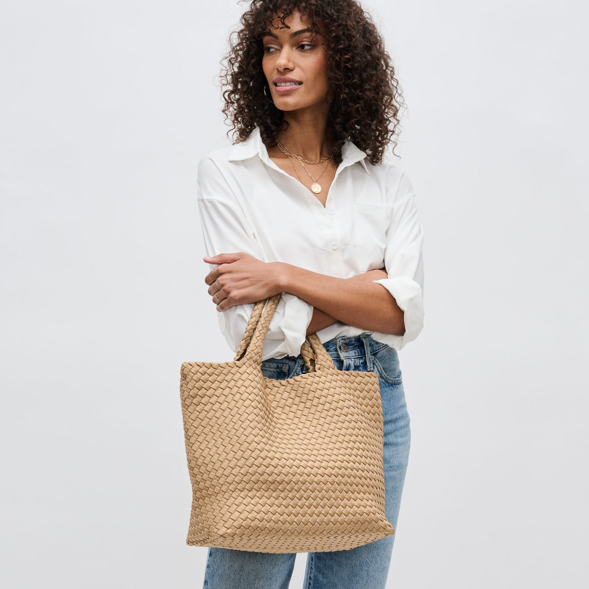 Woman wearing Nude Sol and Selene Sky's The Limit - Medium Tote 841764107785 View 4 | Nude