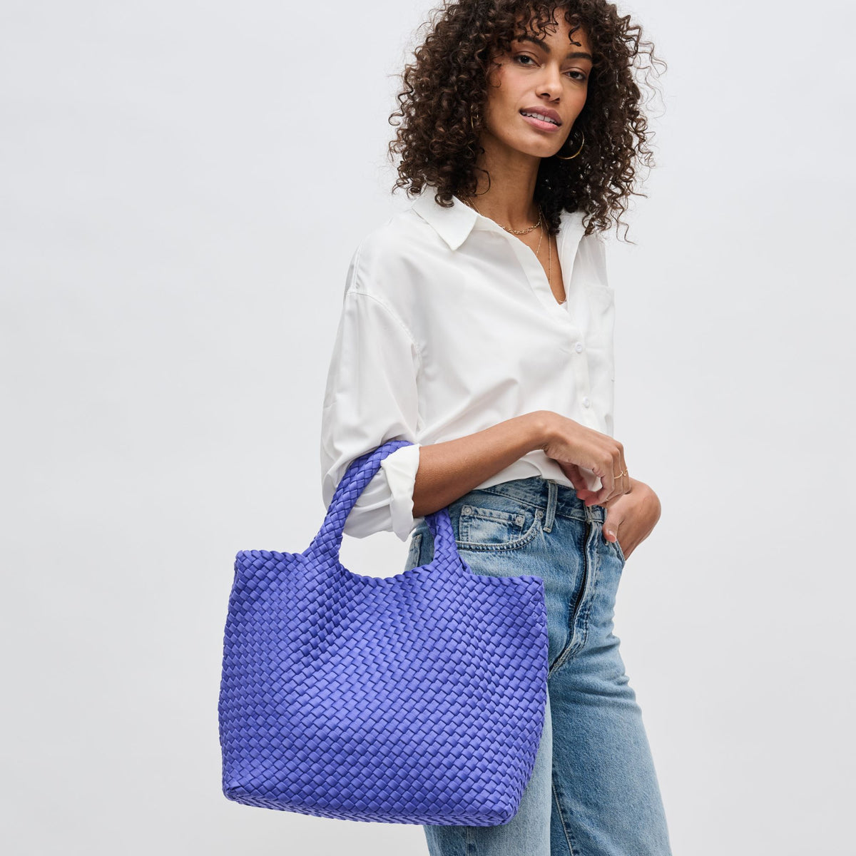 Woman wearing Periwinkle Sol and Selene Sky's The Limit - Medium Tote 841764108799 View 2 | Periwinkle
