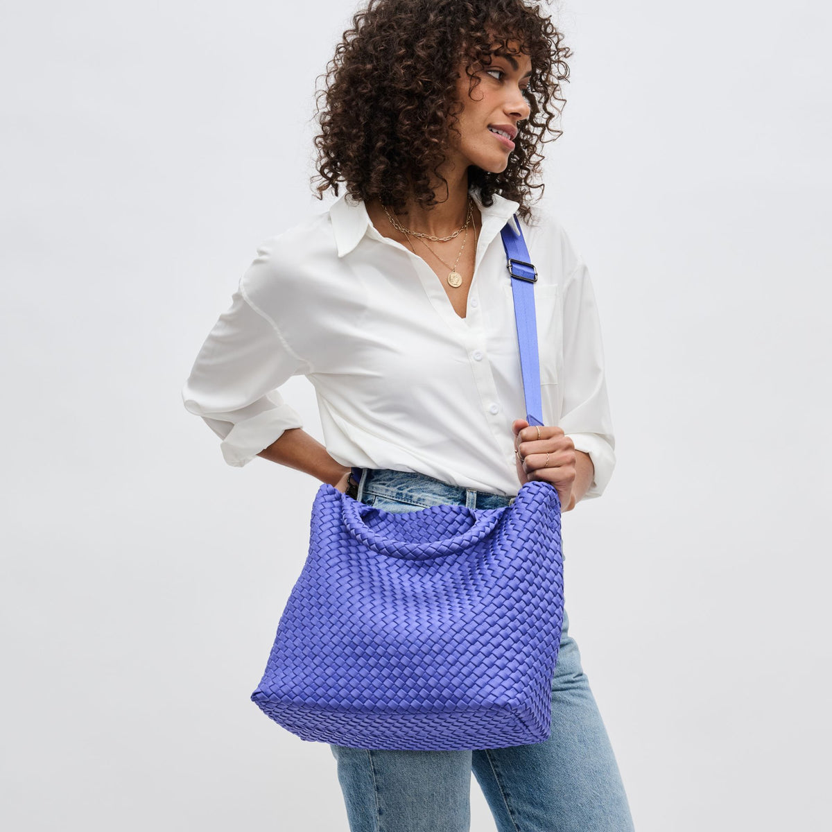 Woman wearing Periwinkle Sol and Selene Sky's The Limit - Medium Tote 841764108799 View 3 | Periwinkle