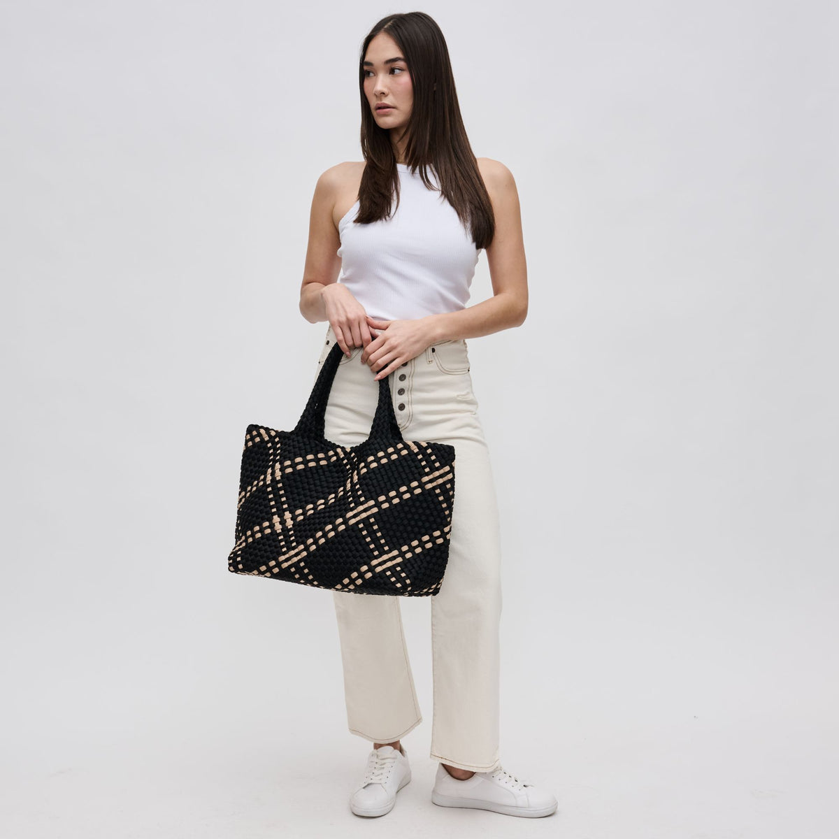 Woman wearing Black Nude Sol and Selene Sky's The Limit - Large Tote 841764109376 View 3 | Black Nude