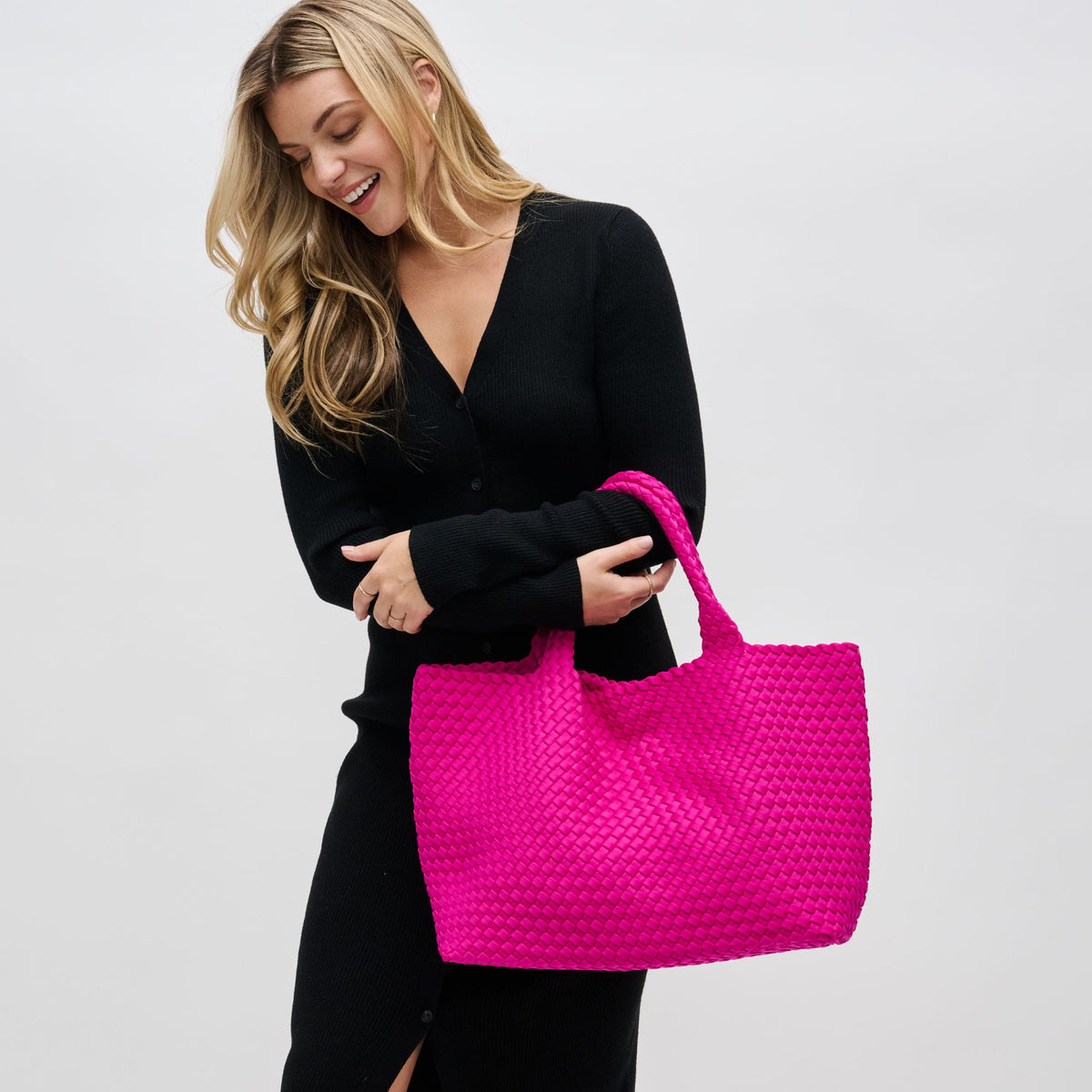 Woman wearing Fuchsia Sol and Selene Sky's The Limit - Large Tote 841764107860 View 2 | Fuchsia