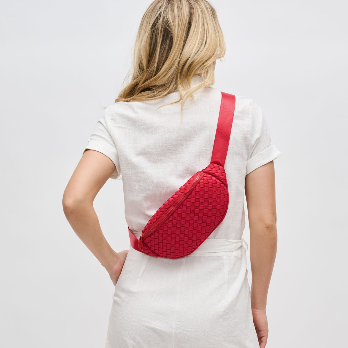 Woman wearing Red Sol and Selene Aim High Belt Bag 841764108140 View 3 | Red