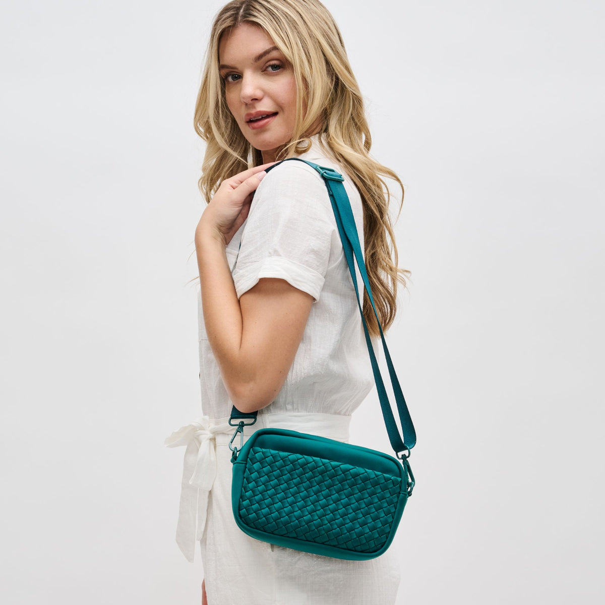 Woman wearing Forest Sol and Selene Inspiration - Woven Neoprene Crossbody 841764108355 View 2 | Forest