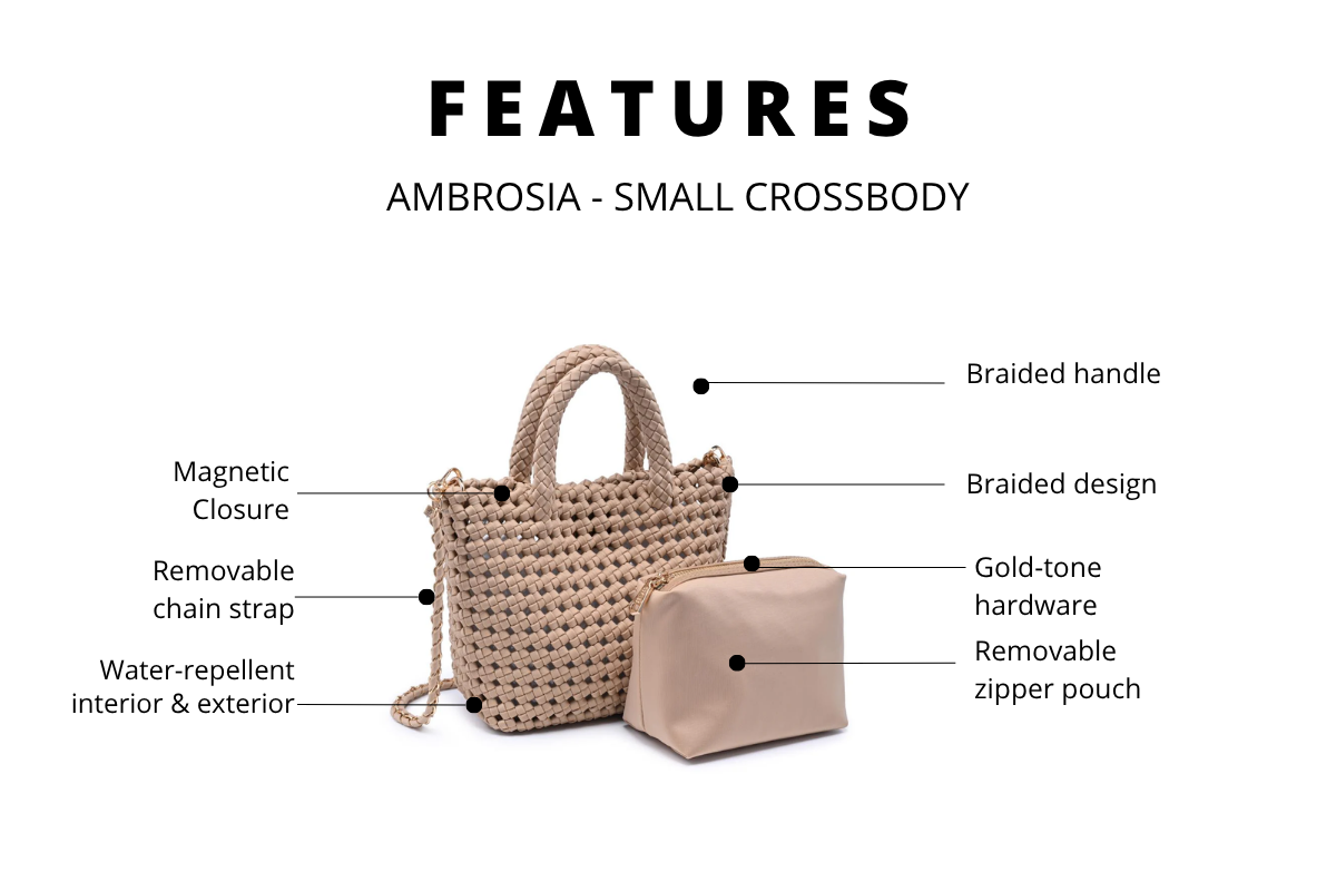 product feature infographic showing handbag details and callouts