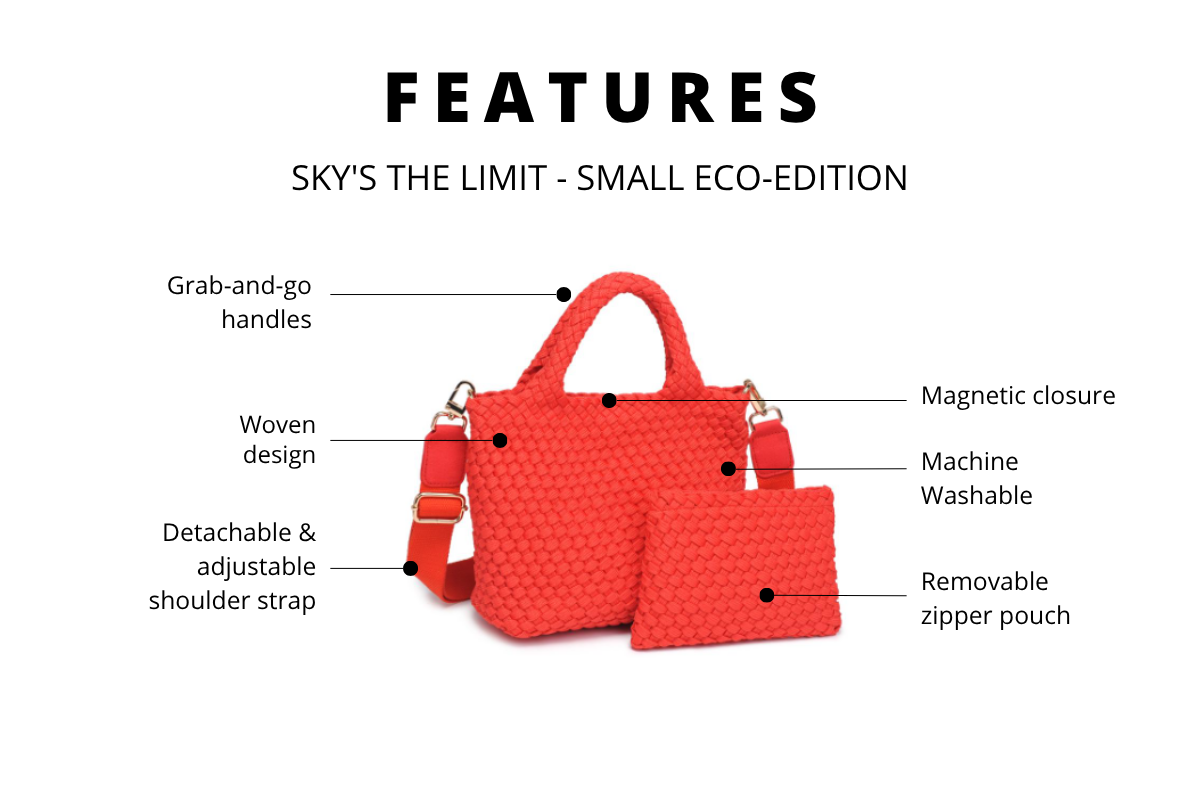 product feature infographic showing handbag details and callouts