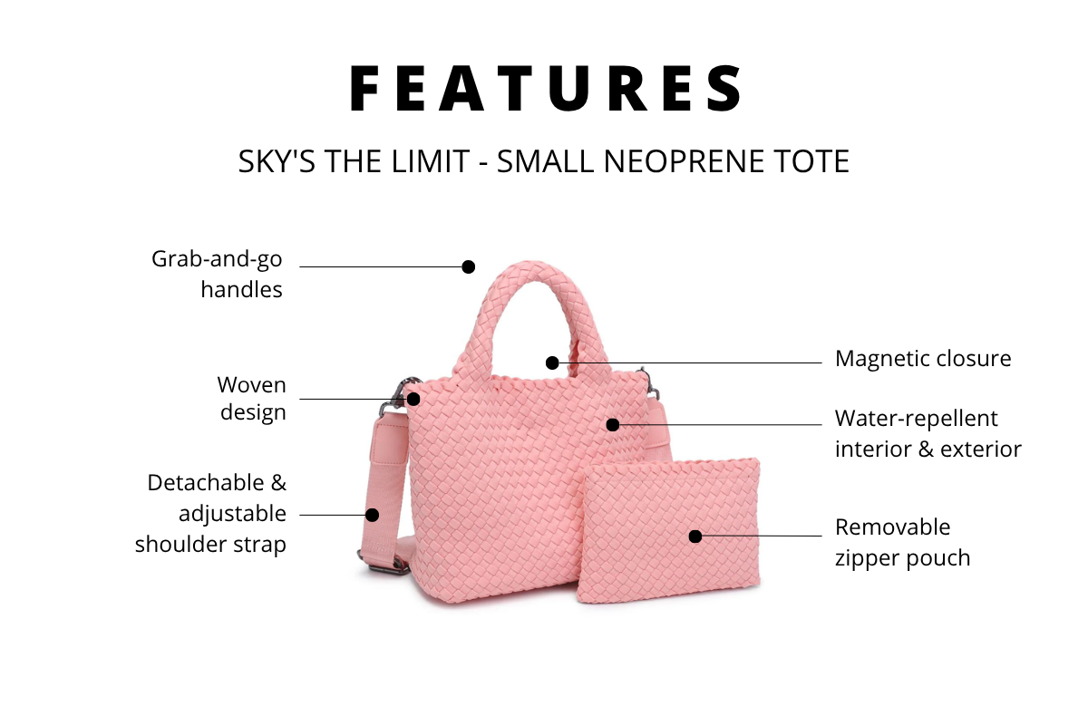 product feature infographic showing handbag details and callouts