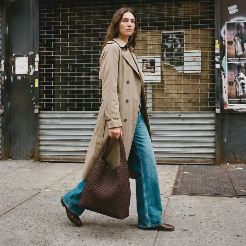 Woman in a trench coat and blue jeans holding a brown bag on a city street.