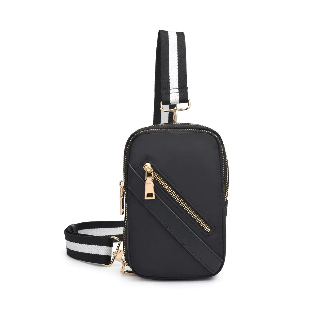 black sling backpack with vegan leather detail