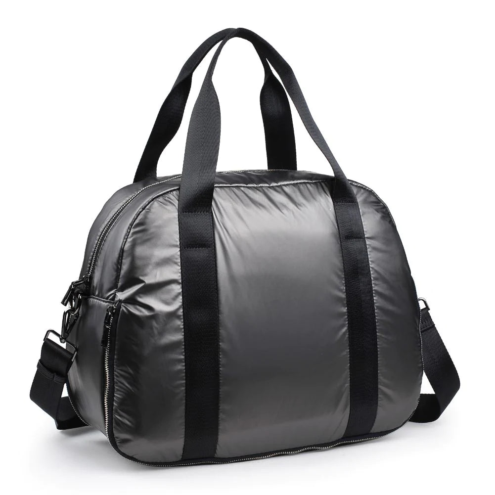 the Sol and Selene Amplify duffel bag in a shiny gray fabric
