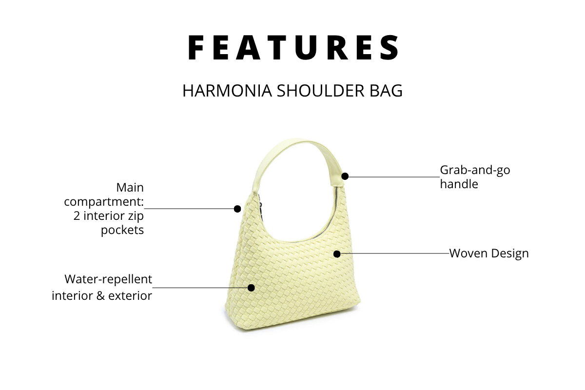 product feature infographic showing handbag details and callouts
