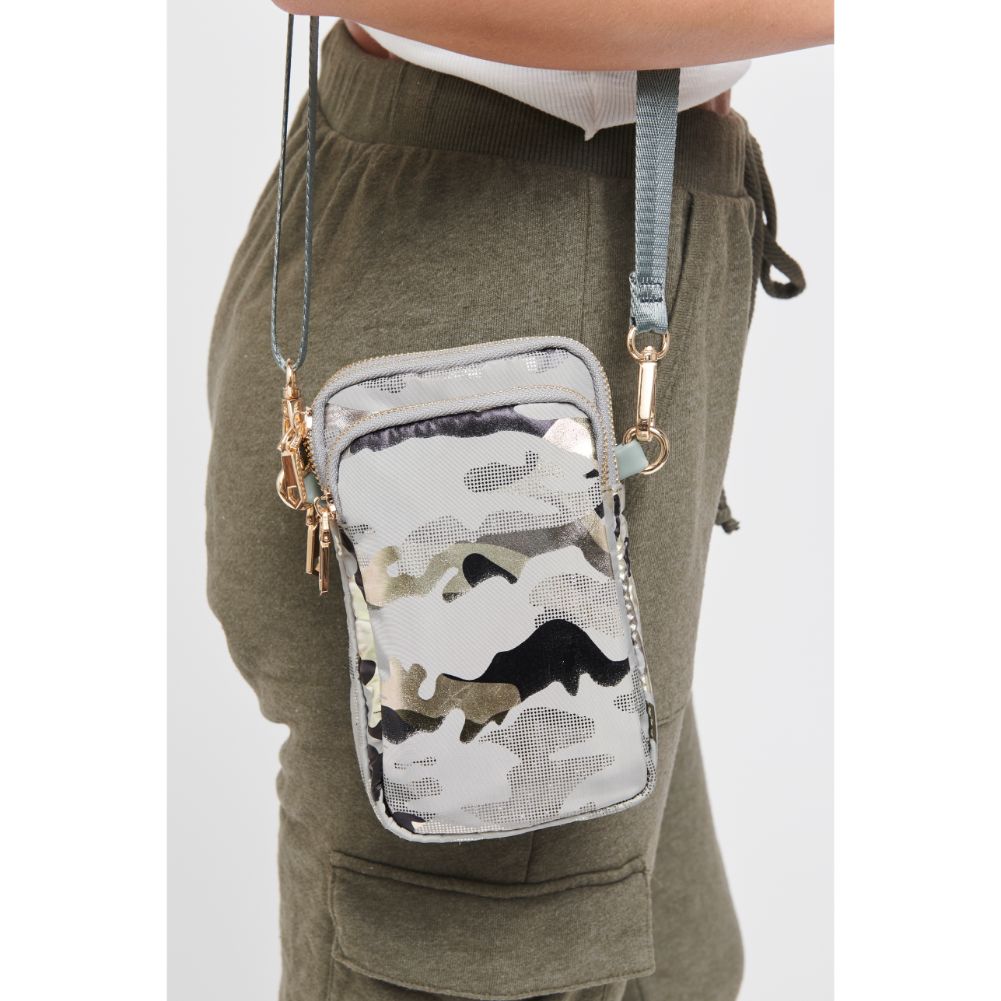 Woman wearing Seafoam Metallic Camo Sol and Selene Divide & Conquer Crossbody 841764105439 View 4 | Seafoam Metallic Camo