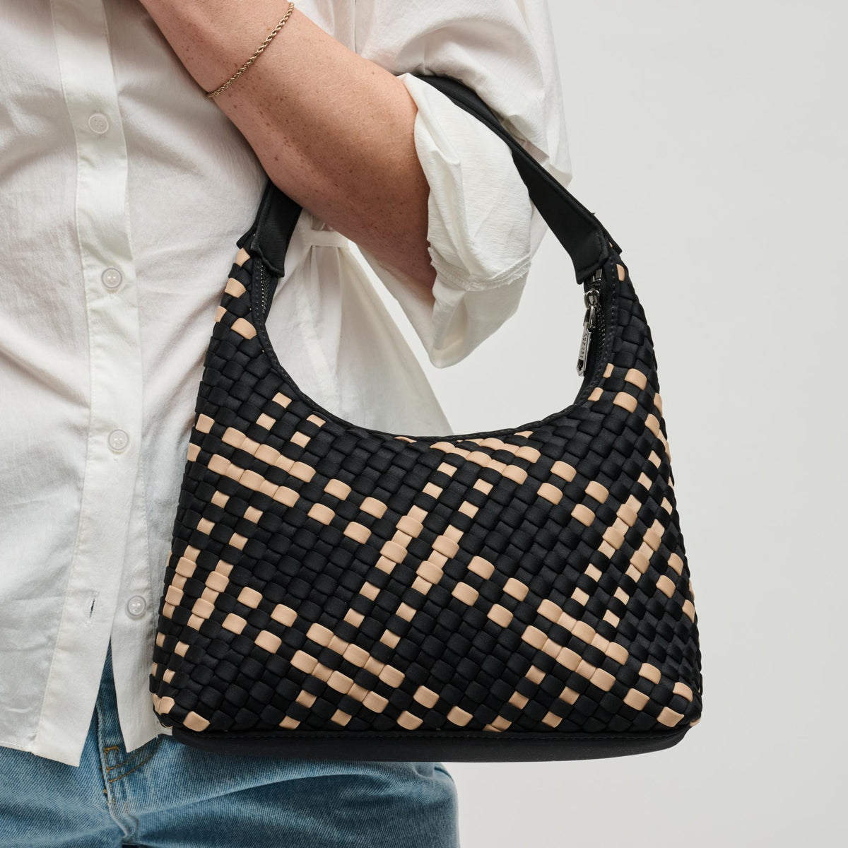 Woman wearing Black Nude Sol and Selene Harmonia - Woven Neoprene Shoulder Bag 841764112505 View 2 | Black Nude