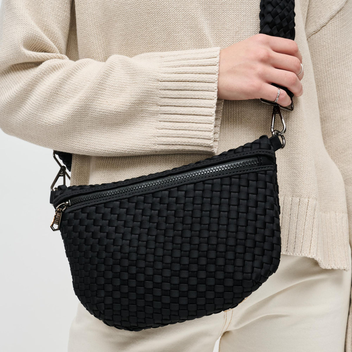 Woman wearing Black Sol and Selene Ethereal - Woven Neoprene Crossbody 841764110839 View 4 | Black