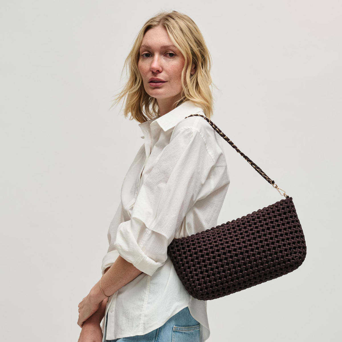 Woman wearing Chocolate Sol and Selene Eclipse Shoulder Bag 841764112871 View 1 | Chocolate
