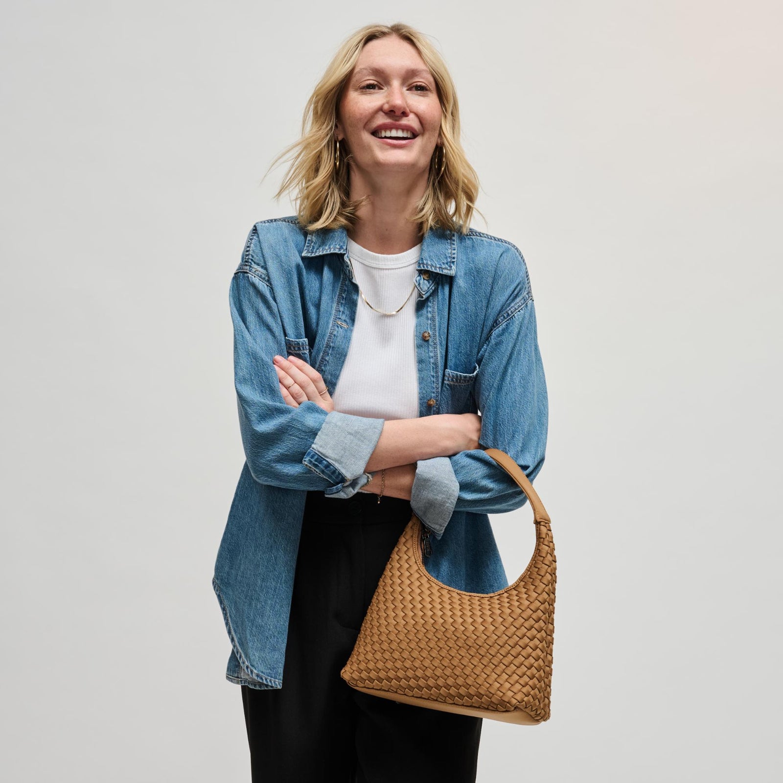Woman wearing Black Sol and Selene Harmonia - Woven Neoprene Shoulder Bag 841764112499 View 1 | Black