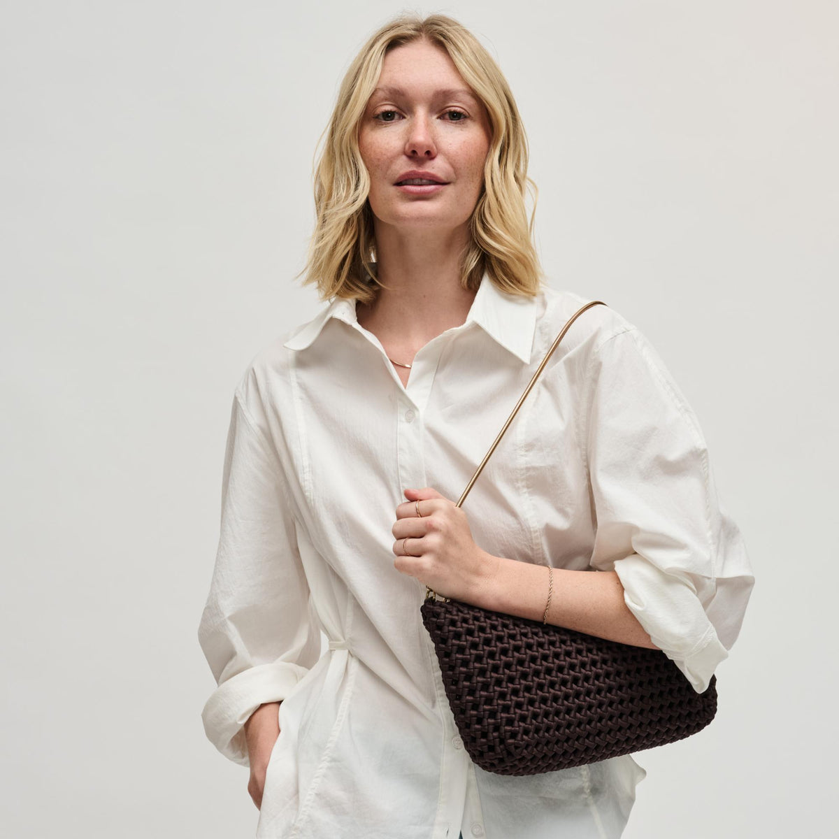 Woman wearing Chocolate Sol and Selene Eclipse Shoulder Bag 841764112871 View 2 | Chocolate