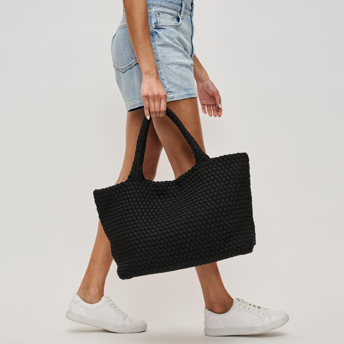 Woman wearing Black Sol and Selene Sky's The Limit - Large Laced Up Eco-Edition Tote 841764111553 View 4 | Black