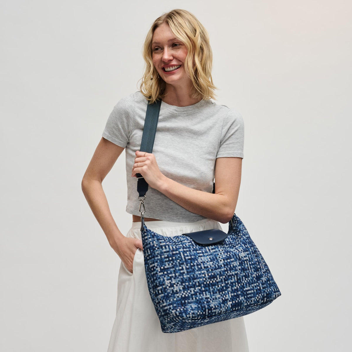 Woman wearing Navy Sol and Selene Aurora Shoulder Bag 841764112611 View 3 | Navy