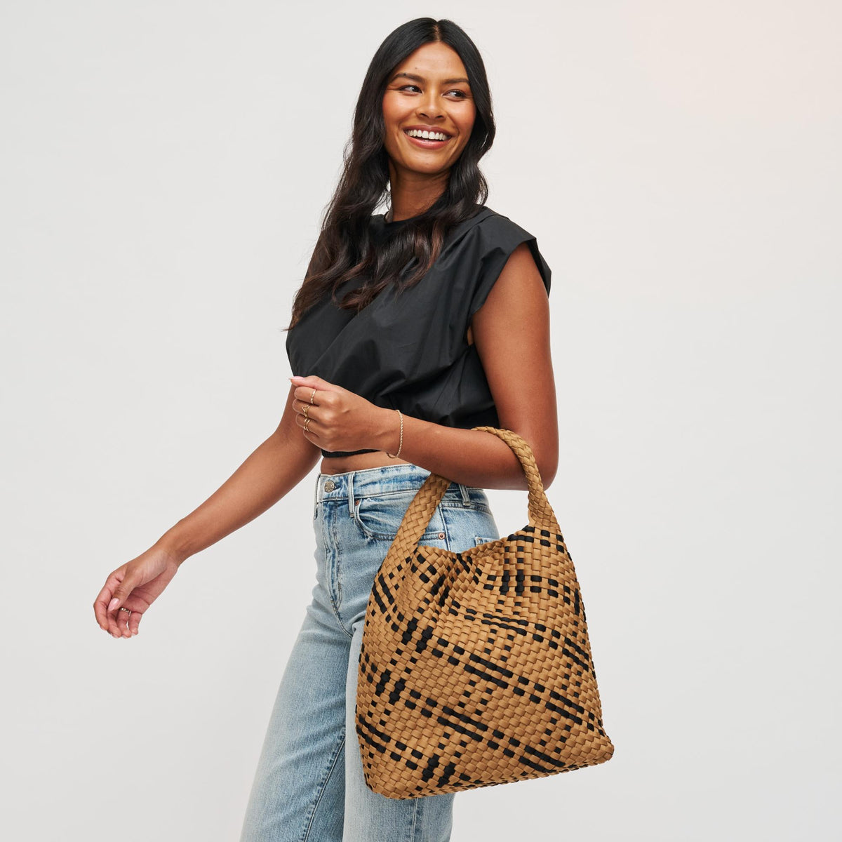 Woman wearing Sand Black Sol and Selene Celestial Woven Neoprene Hobo 841764112321 View 3 | Sand Black