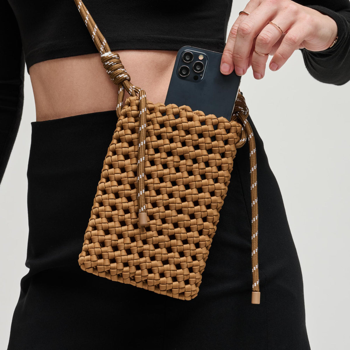 Woman wearing Sand Sol and Selene Eos Cell Phone Crossbody 841764113045 View 4 | Sand