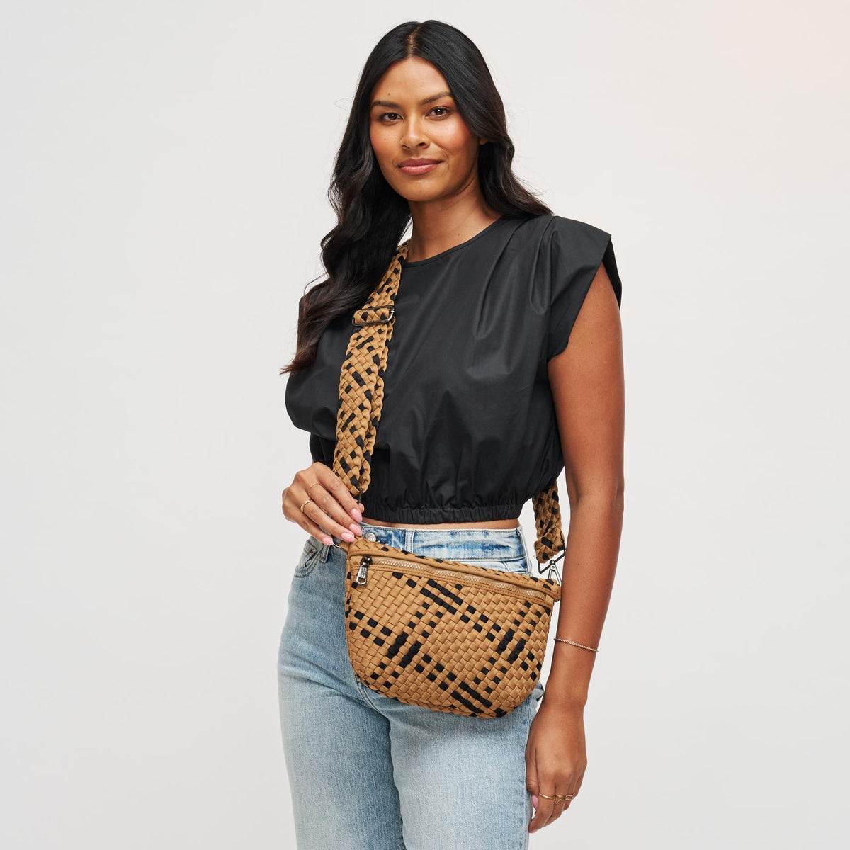 Woman wearing Sand Black Sol and Selene Ethereal - Woven Neoprene Crossbody 841764111966 View 1 | Sand Black