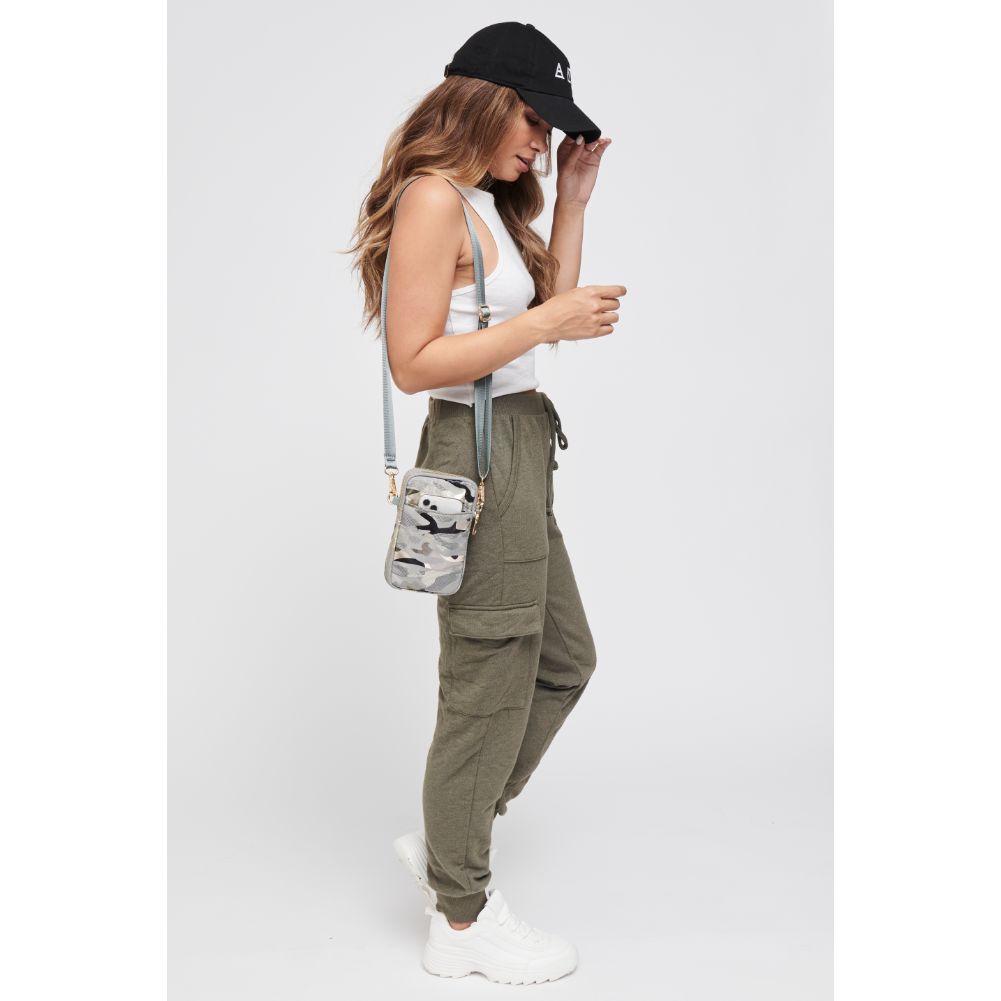 Woman wearing Seafoam Metallic Camo Sol and Selene Divide & Conquer Crossbody 841764105439 View 2 | Seafoam Metallic Camo