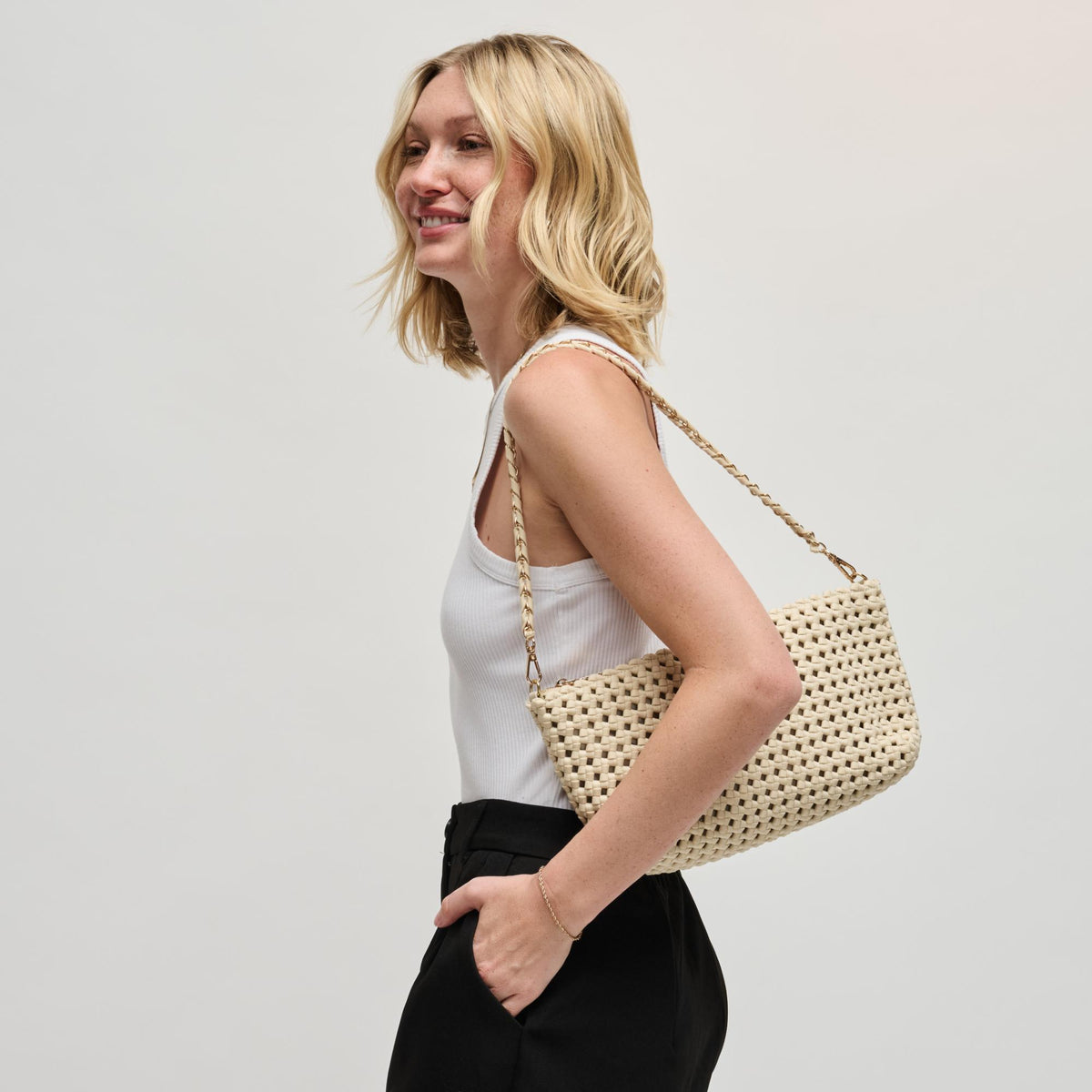 Woman wearing Cream Sol and Selene Eclipse Shoulder Bag 841764112888 View 4 | Cream