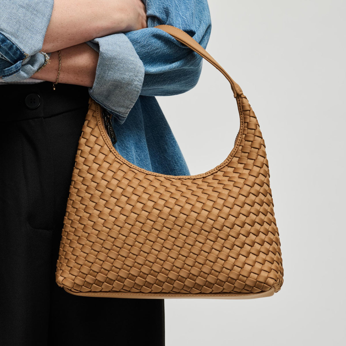 Woman wearing Sand Sol and Selene Harmonia - Woven Neoprene Shoulder Bag 841764112574 View 2 | Sand
