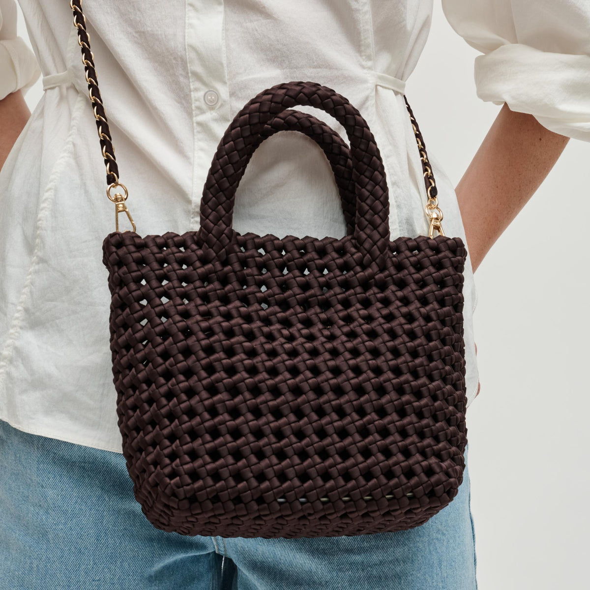 Woman wearing Chocolate Sol and Selene Ambrosia Small Crossbody 841764112697 View 2 | Chocolate
