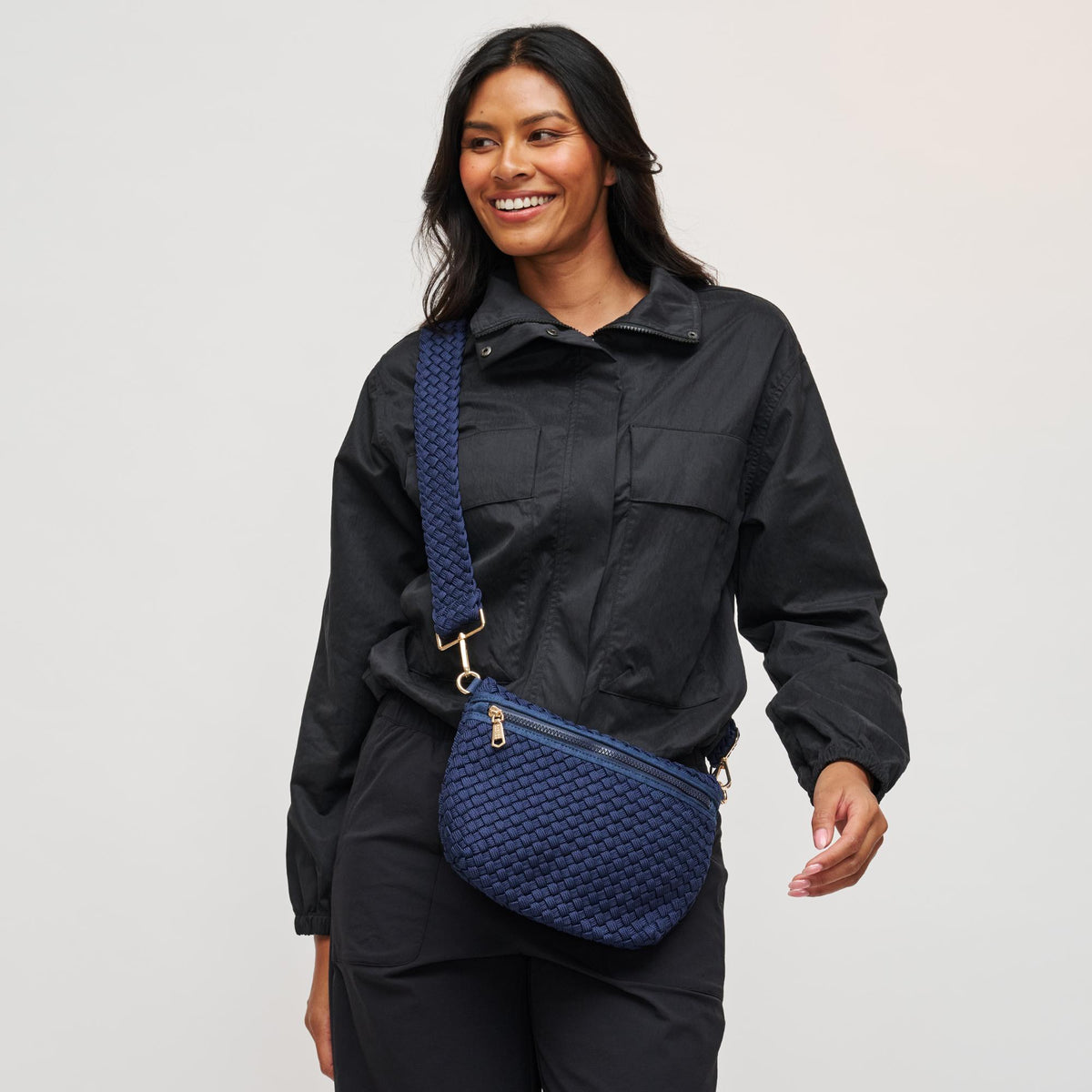 Woman wearing Navy Sol and Selene Ethereal - Woven Laced Up Eco-Edition Crossbody 841764112253 View 2 | Navy