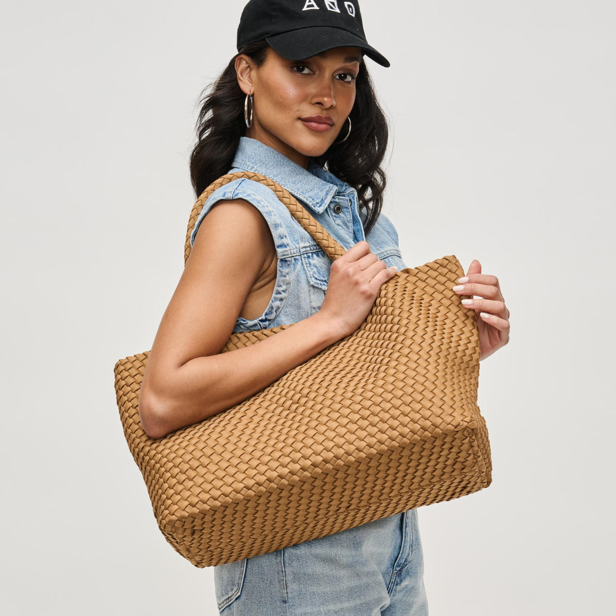 Woman wearing Sand Sol and Selene Sky's The Limit - Large Tote 841764111362 View 1 | Sand