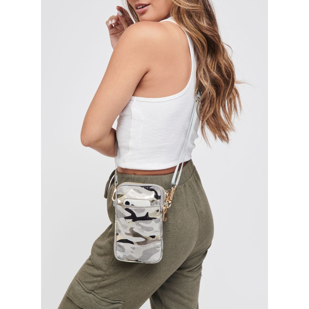 Woman wearing Seafoam Metallic Camo Sol and Selene Divide & Conquer Crossbody 841764105439 View 1 | Seafoam Metallic Camo