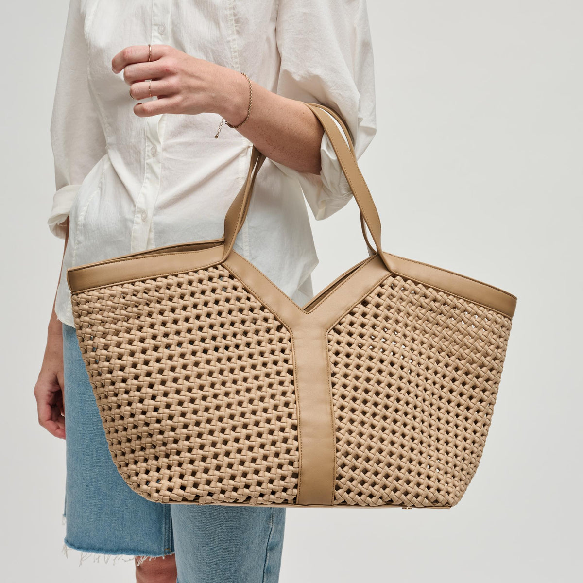 Woman wearing Nude Sol and Selene Calypso Tote 841764112970 View 2 | Nude