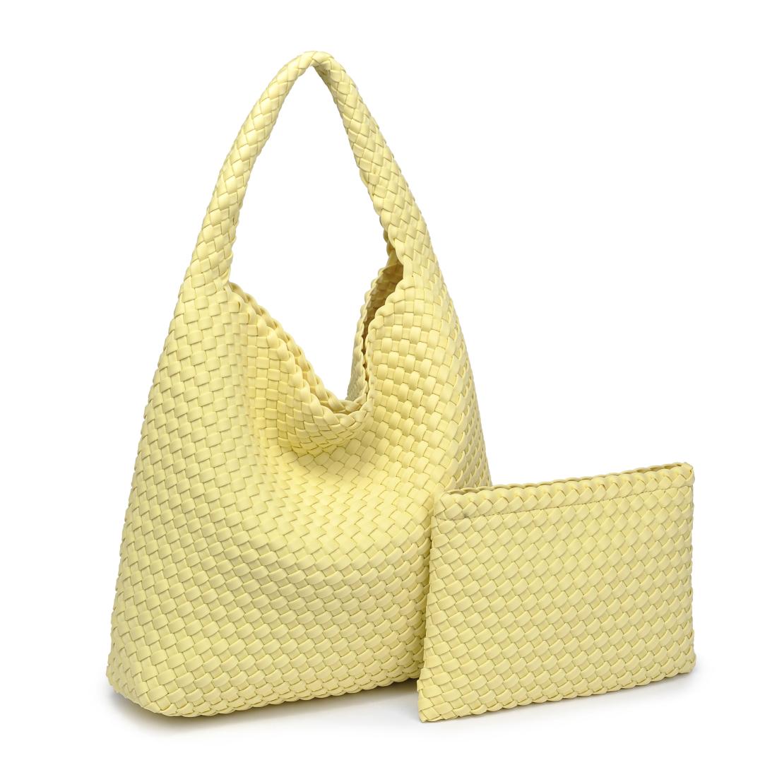 Woman wearing Butter Sol and Selene Celestial Woven Neoprene Hobo 841764112352 View 6 | Butter