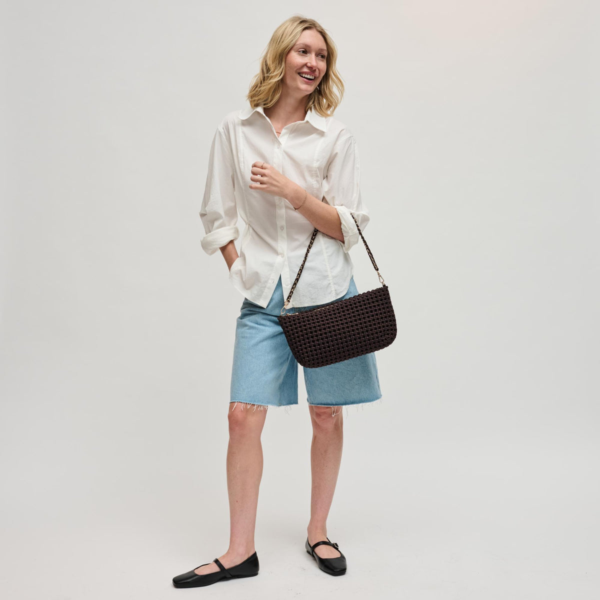 Woman wearing Chocolate Sol and Selene Eclipse Shoulder Bag 841764112871 View 4 | Chocolate