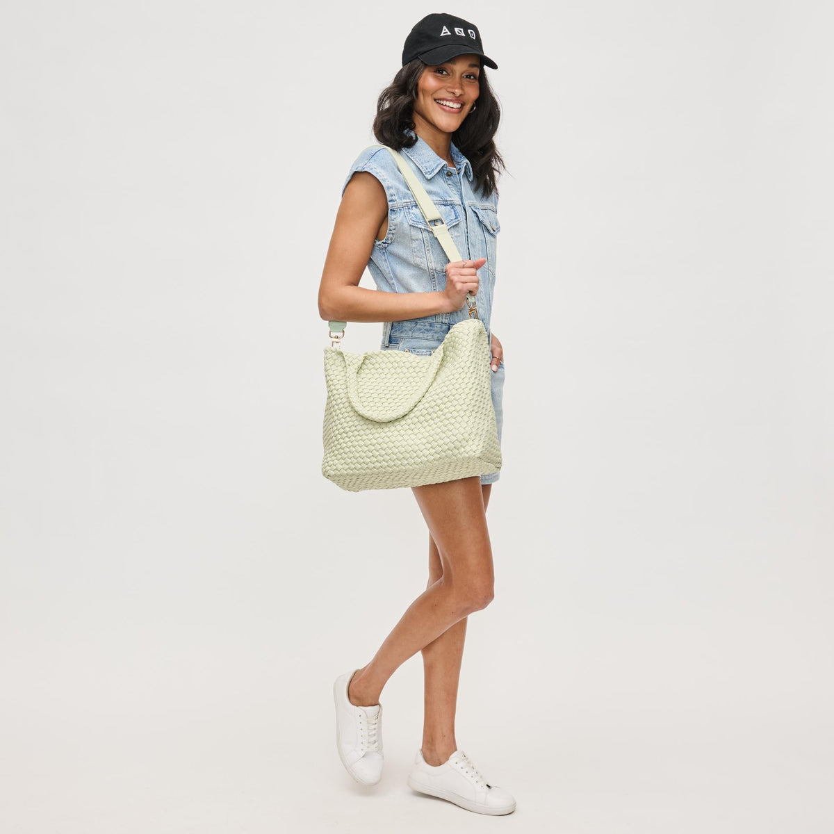 Woman wearing Pistachio Sol and Selene Sky's The Limit - Medium Laced Up Eco-Edition Tote 841764111638 View 4 | Pistachio