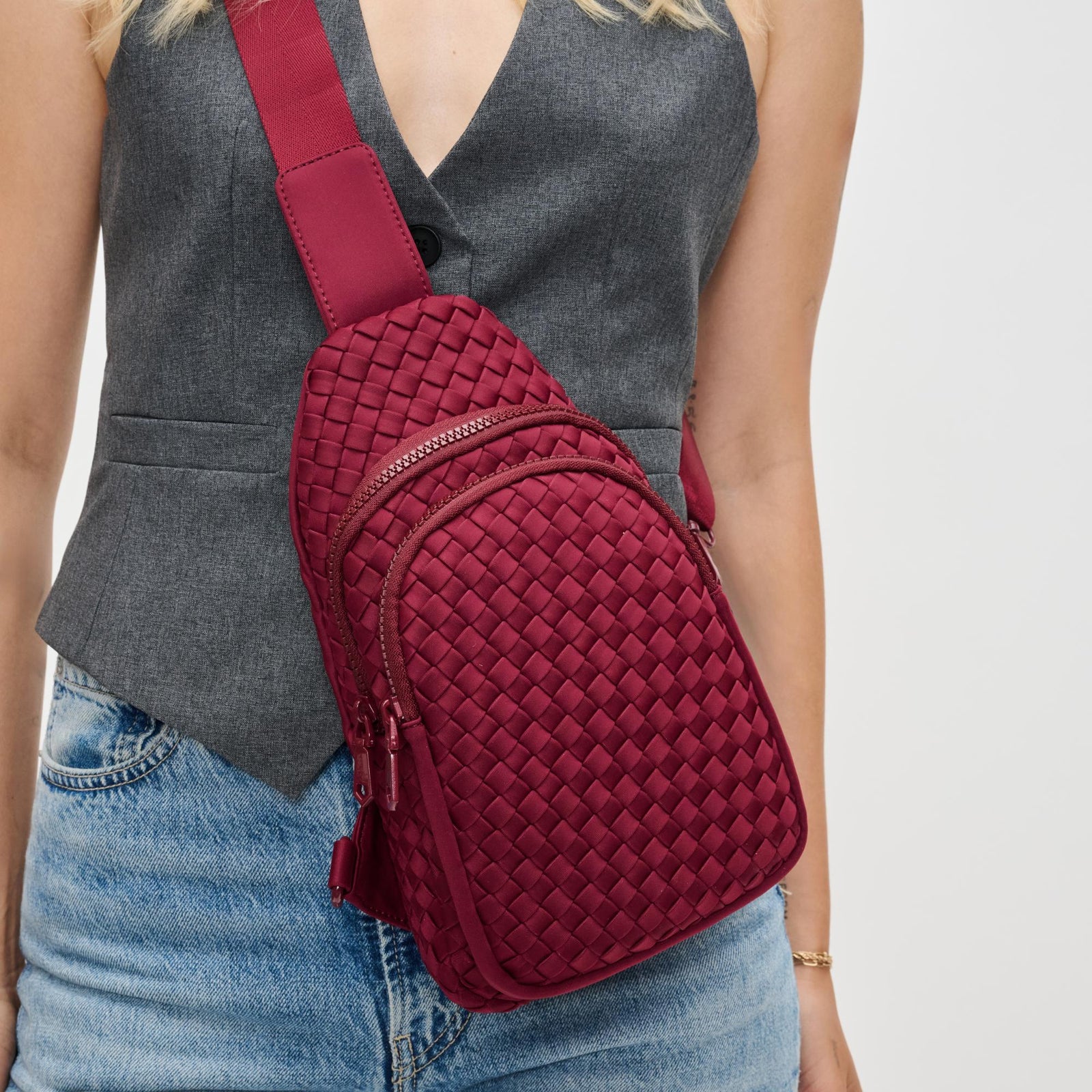 Woman wearing Black Sol and Selene Beyond The Horizon - Woven Neoprene Sling Backpack 841764108034 View 1 | Black