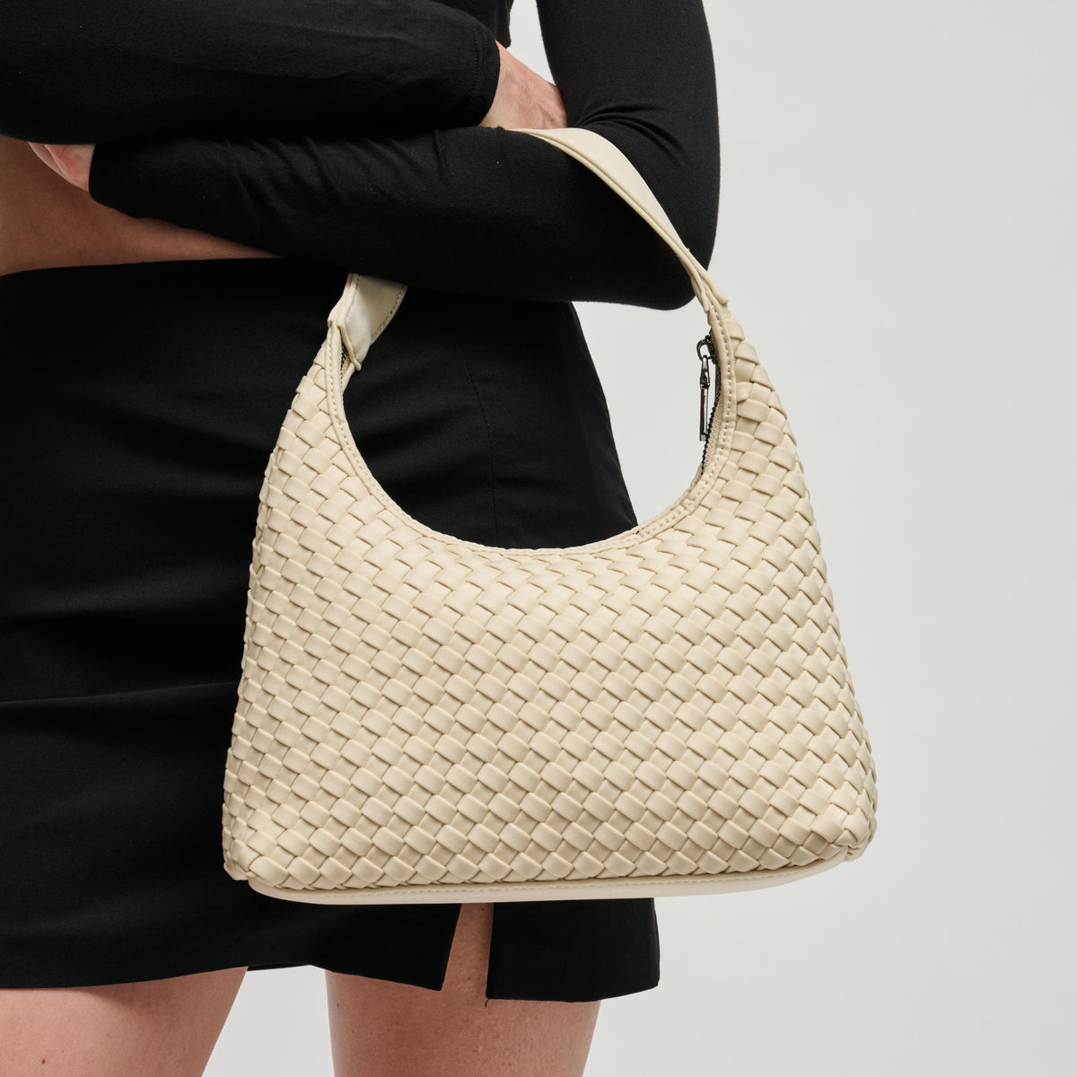 Woman wearing Cream Sol and Selene Harmonia - Woven Neoprene Shoulder Bag 841764112543 View 2 | Cream