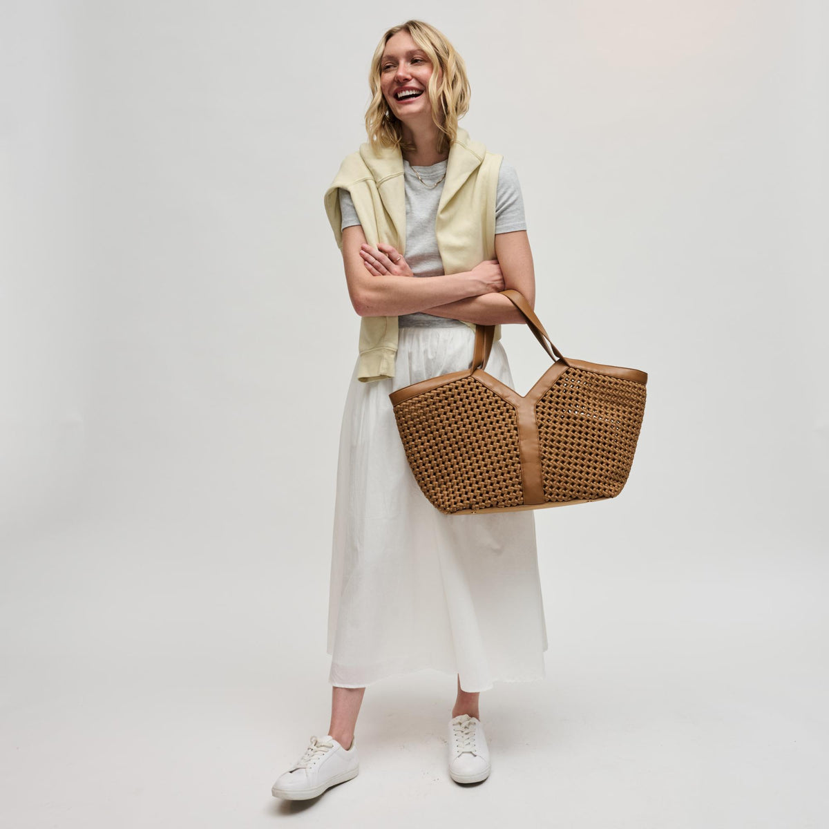 Woman wearing Sand Sol and Selene Calypso Tote 841764112925 View 3 | Sand
